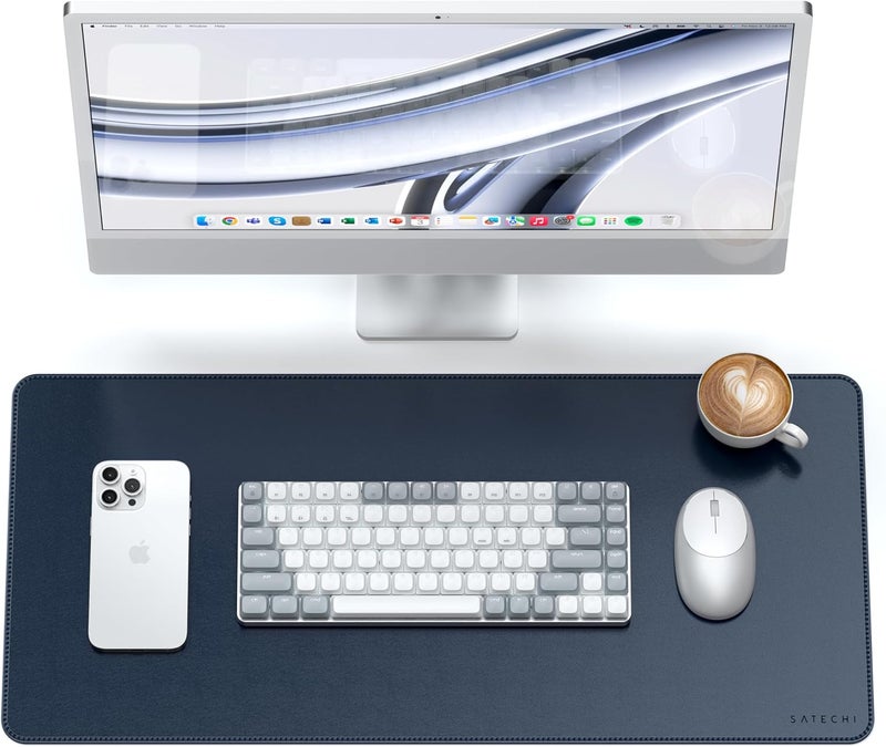 SATECHI Vegan Leather Desk Mat, Large Mouse Pad Scratch and Water Resistant, Easy to Clean, Desk Pad for Office and Home, 26.8” x 12.4” x 0.1” - Blue - Image 1